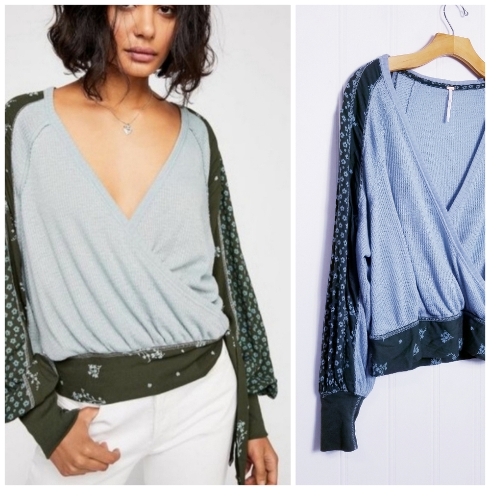 Free People Auxton Thermal Wrap Top Size S Boho Floral Waffle Knit Aqua Green